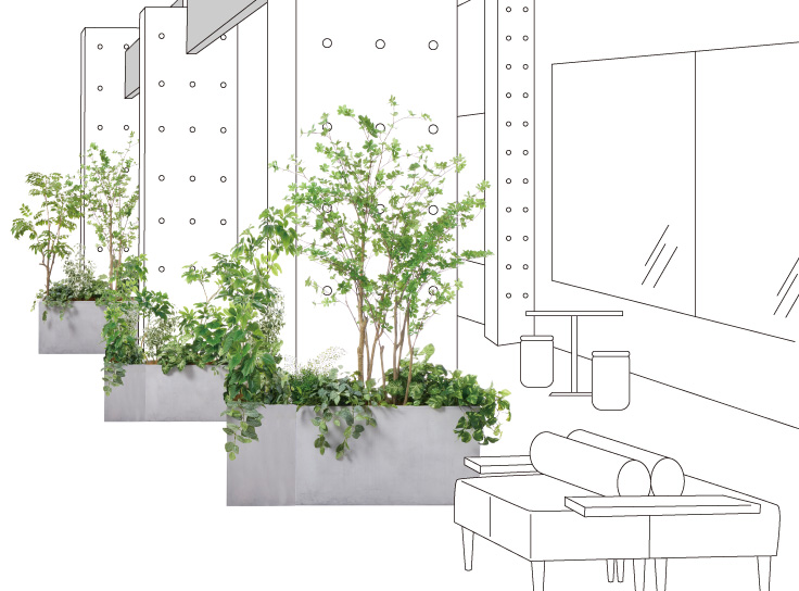 柱まわりの室内植栽コーディネート事例（オフィスの植栽レイアウト）